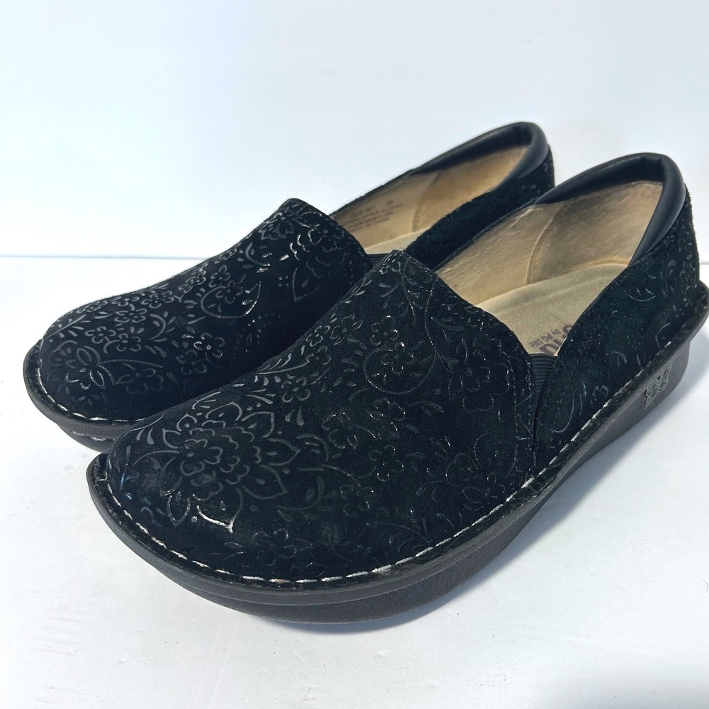 Alegria Debra Clog Women 39 9 Black Floral Embossed Suede Slip On Shoes  Comfort
